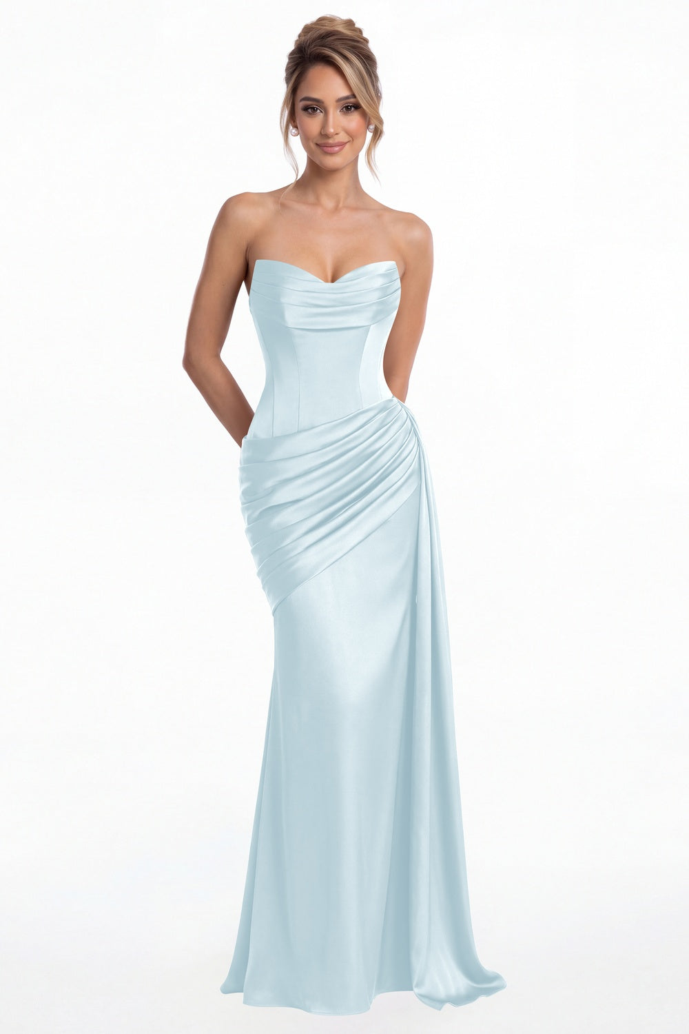 Light Blue Sweetheart Satin Ruched Mermaid Maxi Gown - Front View