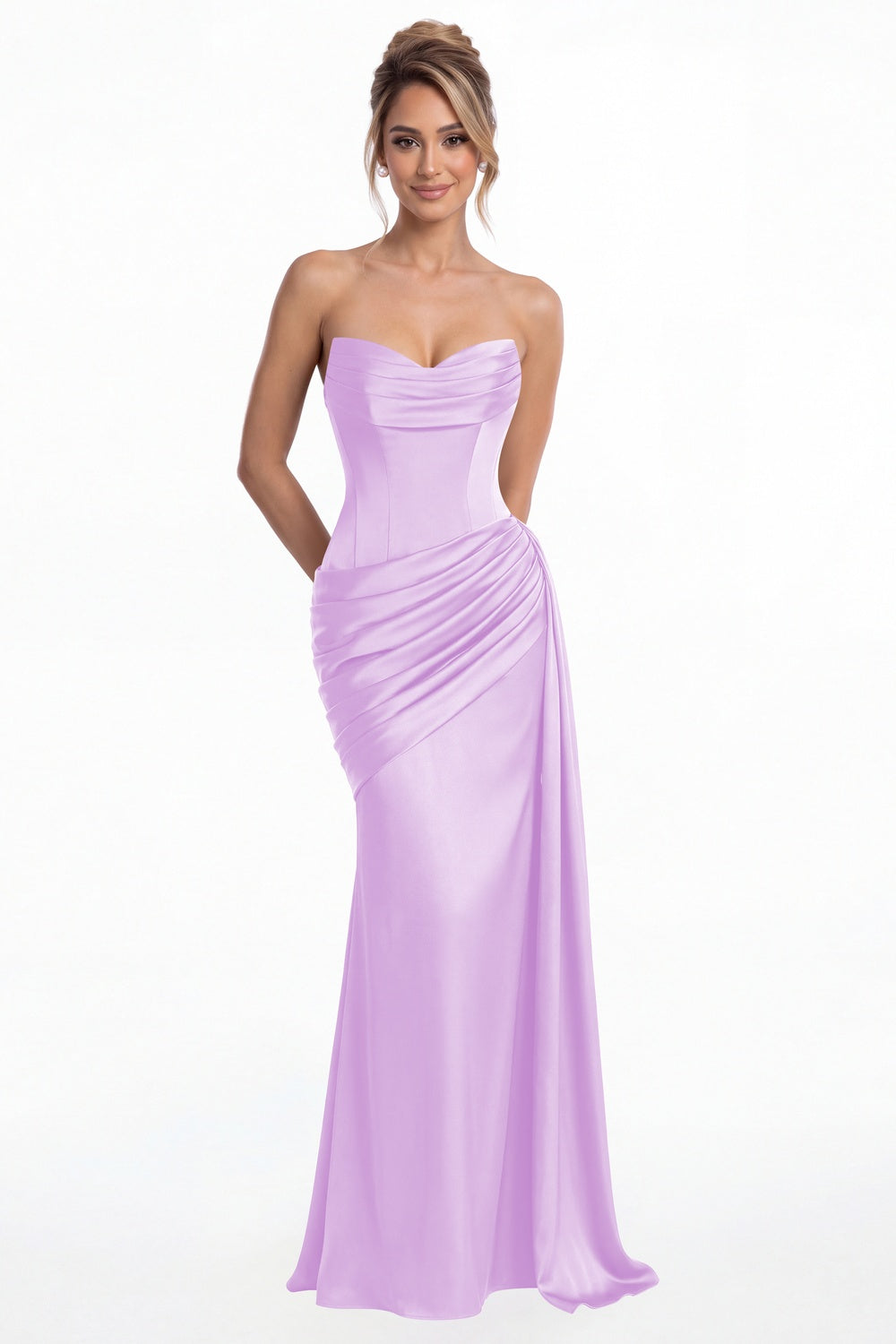 Lilac Sweetheart Satin Ruched Mermaid Maxi Gown - Front View