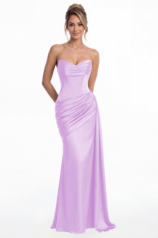 Lilac Sweetheart Satin Ruched Mermaid Maxi Gown - Front View