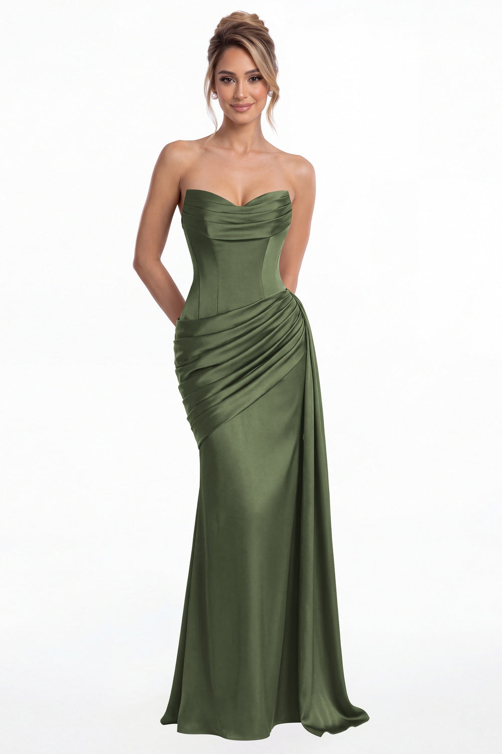 Moss Green Sweetheart Satin Ruched Mermaid Maxi Gown - Front View