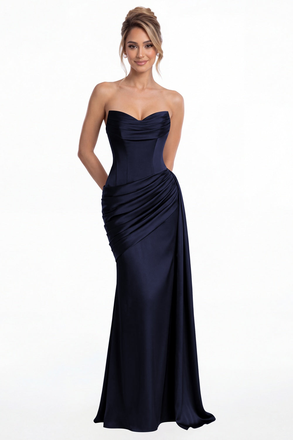 Navy Blue Sweetheart Satin Ruched Mermaid Maxi Gown - Front View