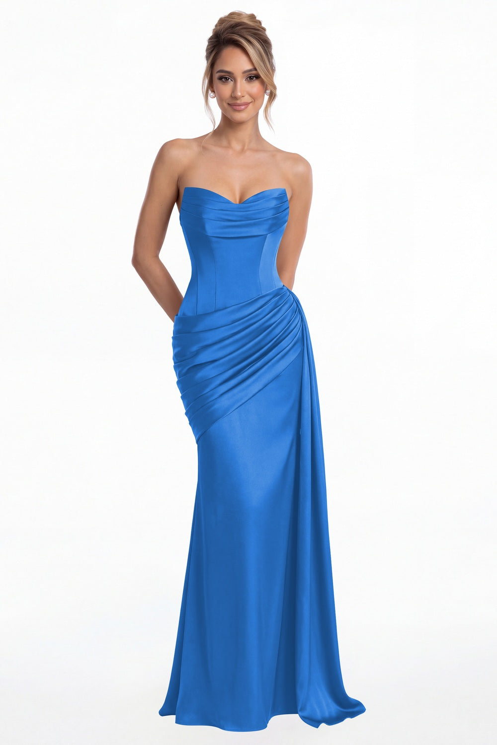 Ocean Blue Sweetheart Satin Ruched Mermaid Maxi Gown - Front View