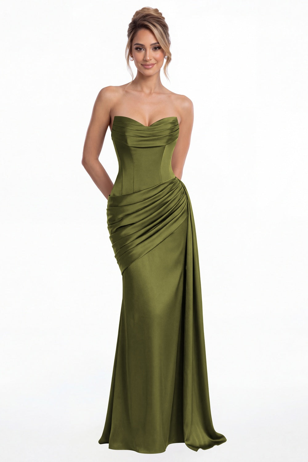 Olive Green Sweetheart Satin Ruched Mermaid Maxi Gown - Front View