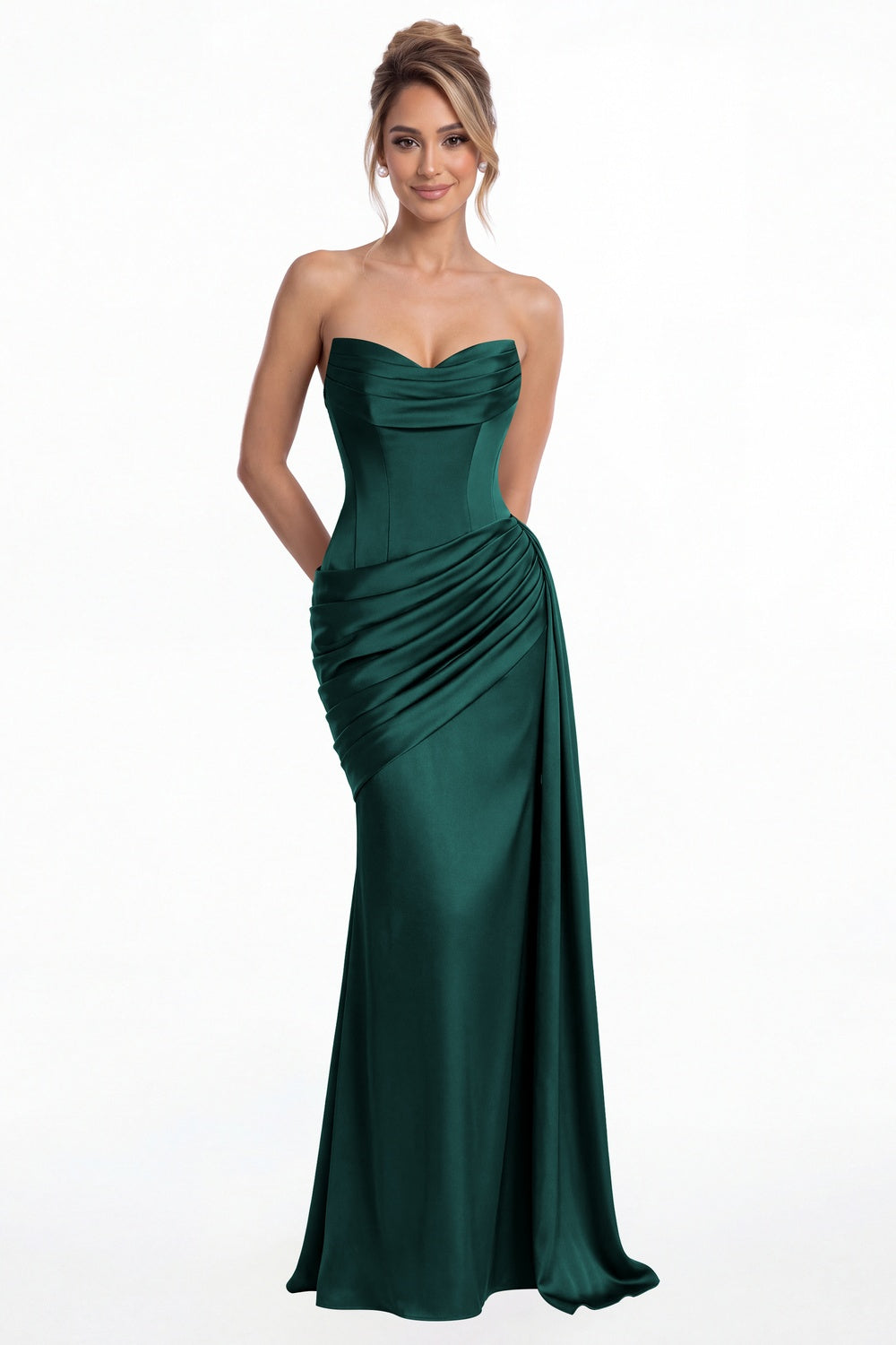 Peacock Sweetheart Satin Ruched Mermaid Maxi Gown - Front View