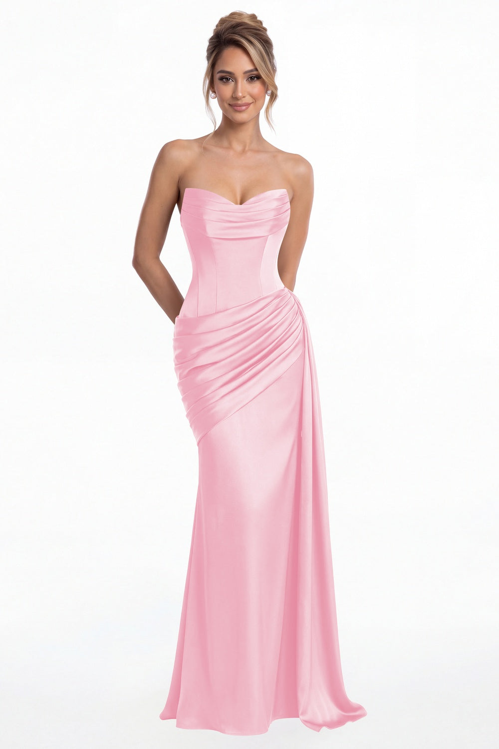 Pink Sweetheart Satin Ruched Mermaid Maxi Gown - Front View