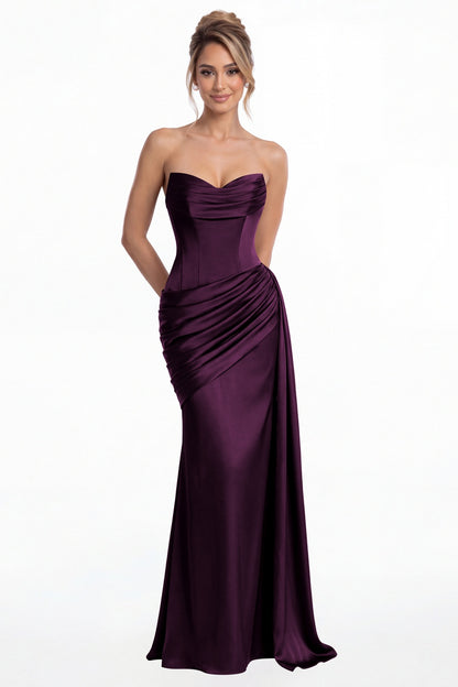 Plum Sweetheart Satin Ruched Mermaid Maxi Gown - Front View