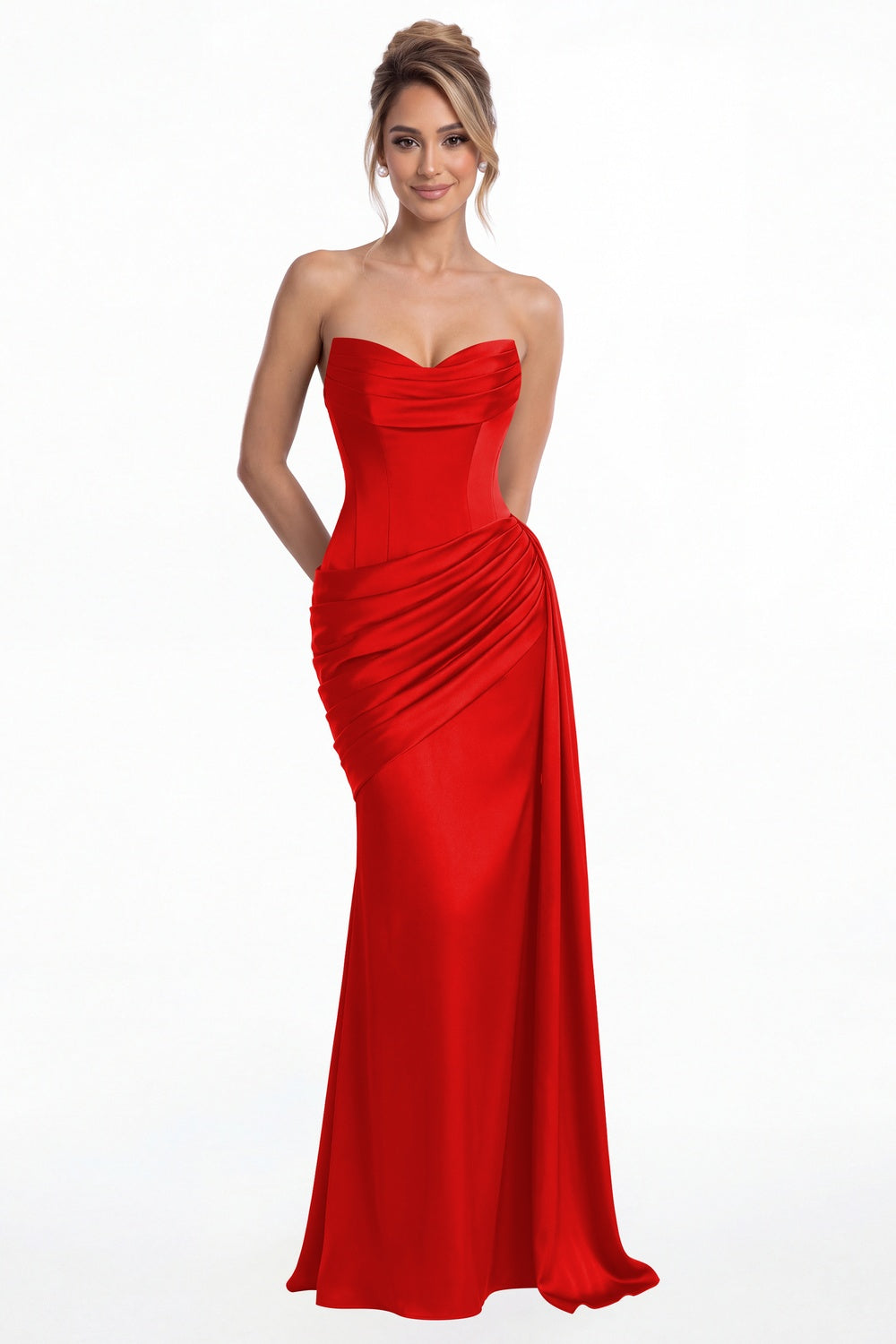 Red Sweetheart Satin Ruched Mermaid Maxi Gown - Front View