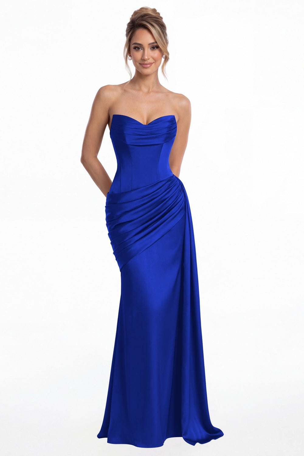 Royal Blue Sweetheart Satin Ruched Mermaid Maxi Gown - Front View