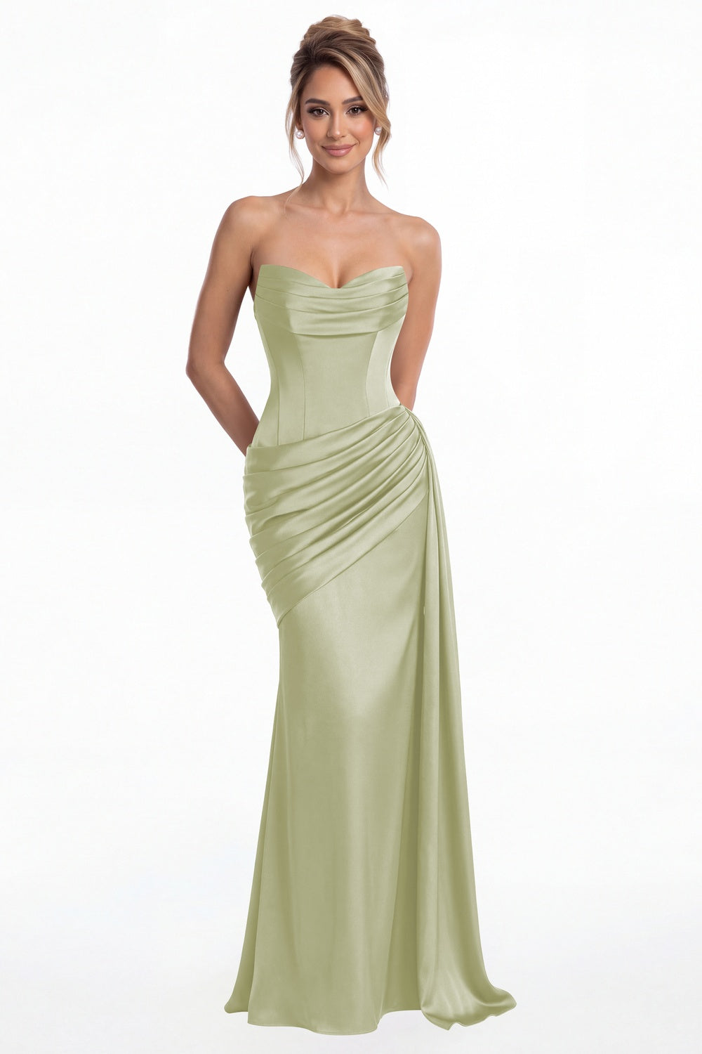 Sage Green Sweetheart Satin Ruched Mermaid Maxi Gown - Front View