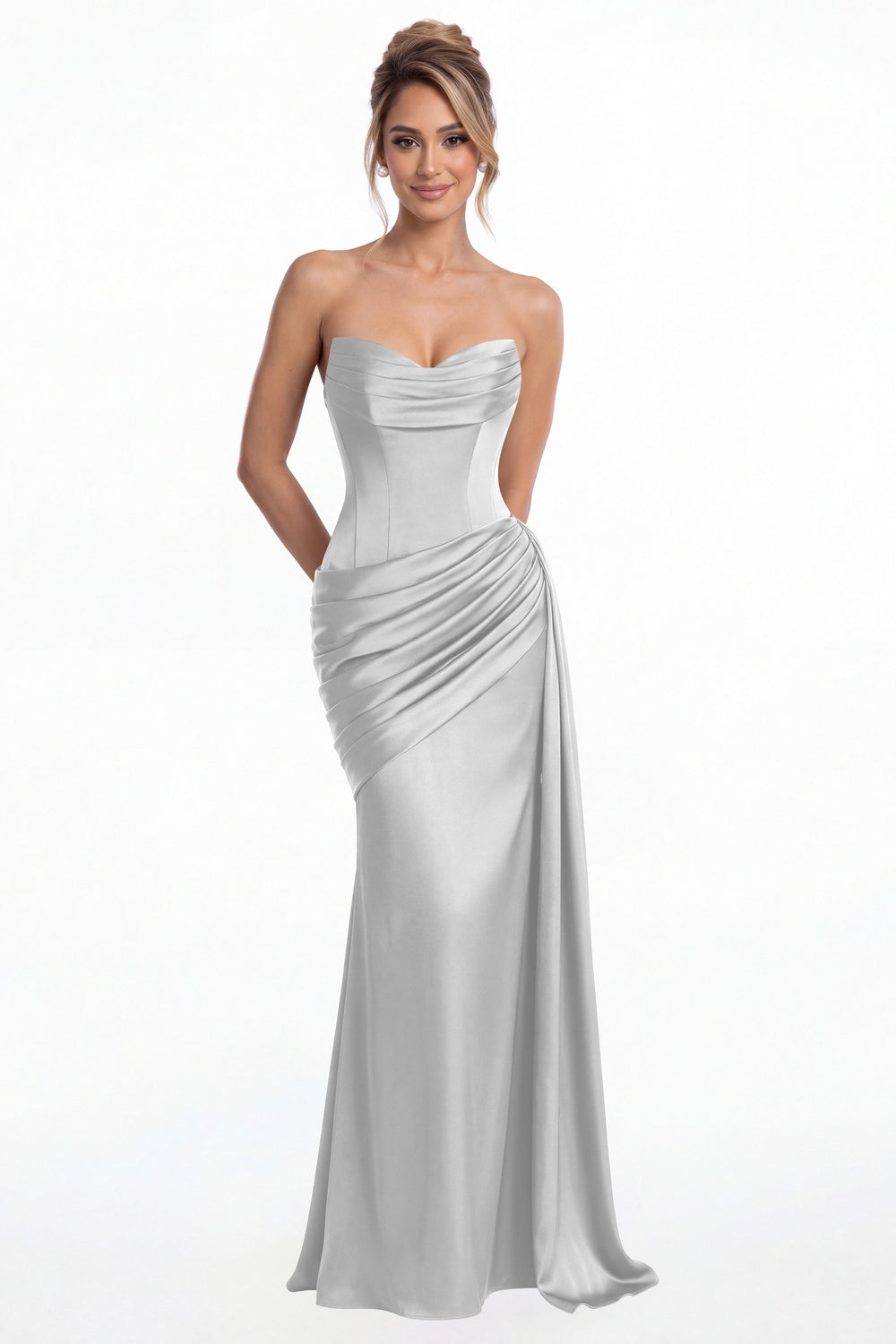 Silver Sweetheart Satin Ruched Mermaid Maxi Gown - Front View