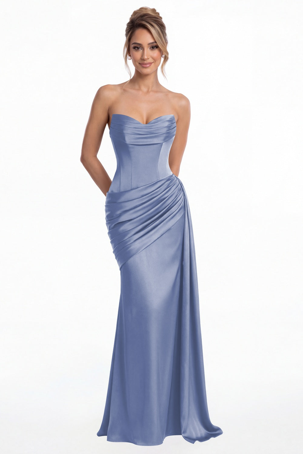 Steel Blue Sweetheart Satin Ruched Mermaid Maxi Gown - Front View