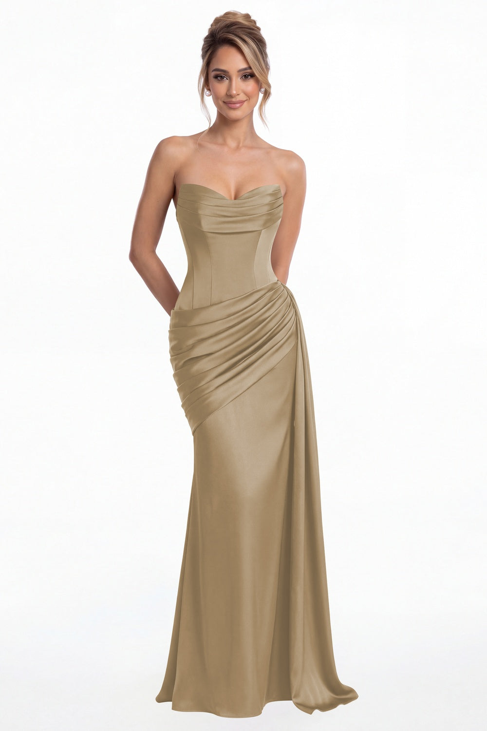 Taupe Sweetheart Satin Ruched Mermaid Maxi Gown - Front View