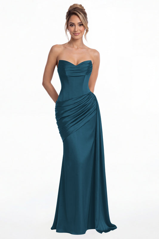 Teal Sweetheart Satin Ruched Mermaid Maxi Gown - Front View