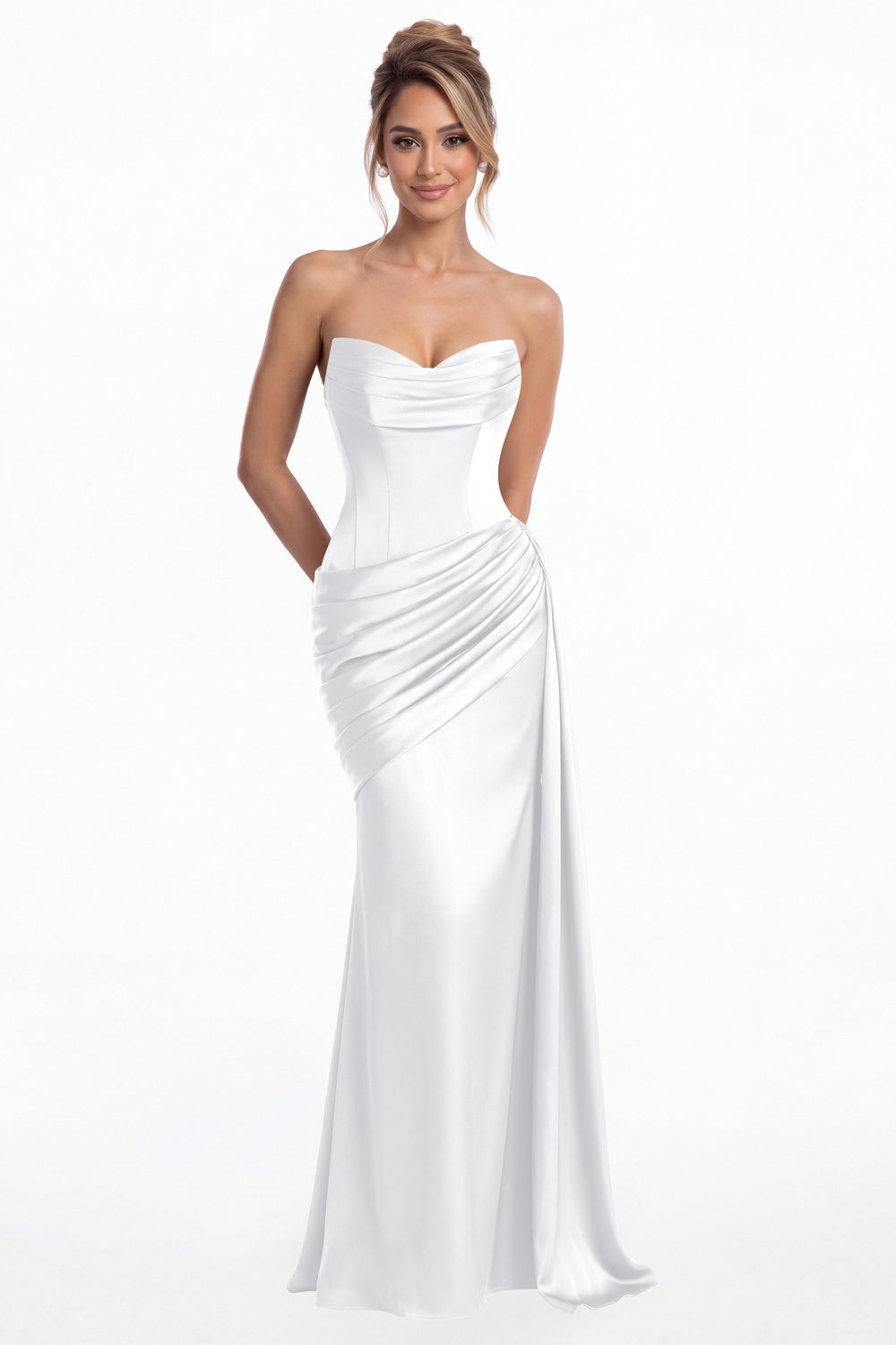 White Sweetheart Satin Ruched Mermaid Maxi Gown - Front View