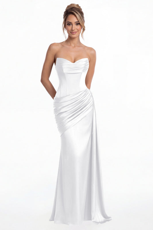 White Sweetheart Satin Ruched Mermaid Maxi Gown - Front View