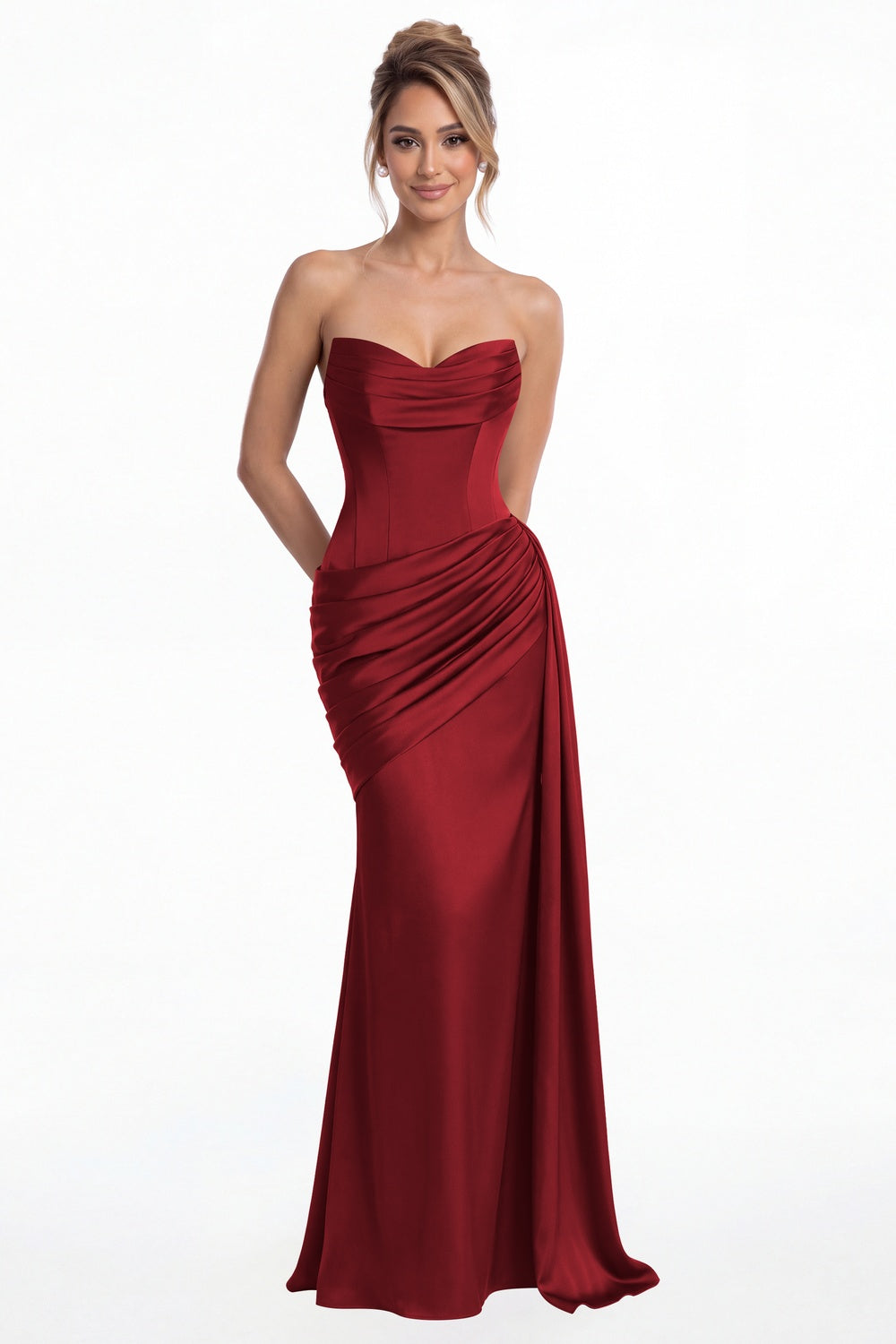 Wine Red Sweetheart Satin Ruched Mermaid Maxi Gown - Front View