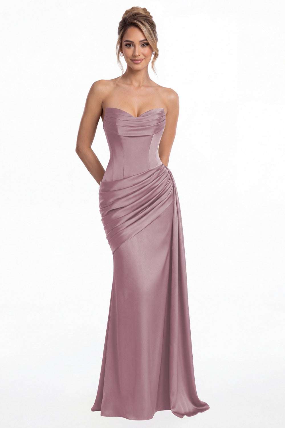 Wisteria Sweetheart Satin Ruched Mermaid Maxi Gown - Front View