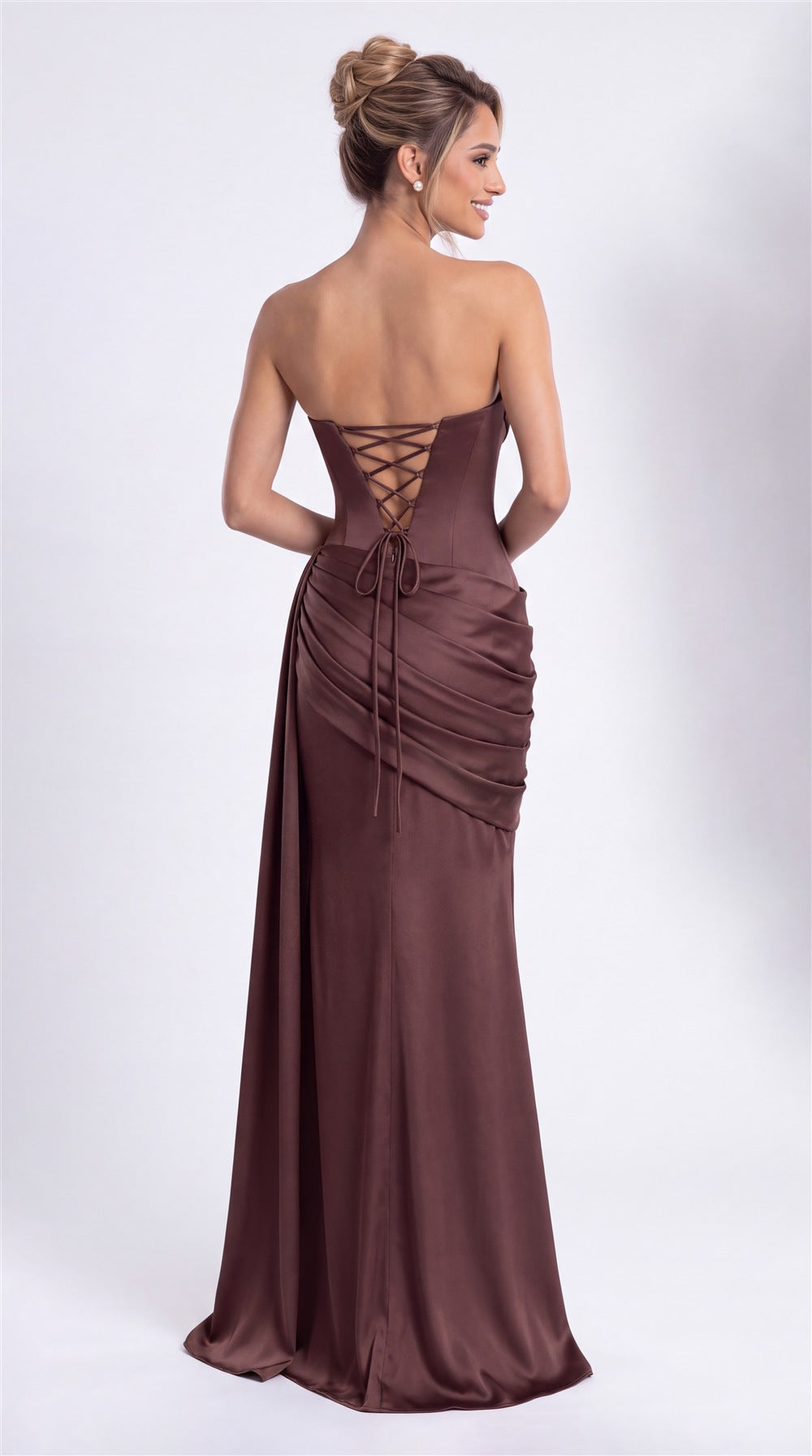 INEWER Sweetheart Satin Ruched Mermaid Maxi Gown - Back View