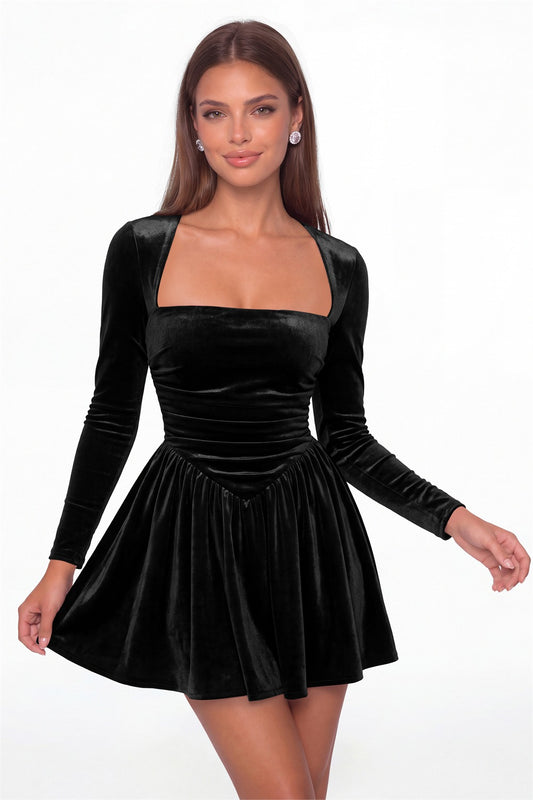 Black Square Neck Long Sleeve Velvet Mini Dress - Front View