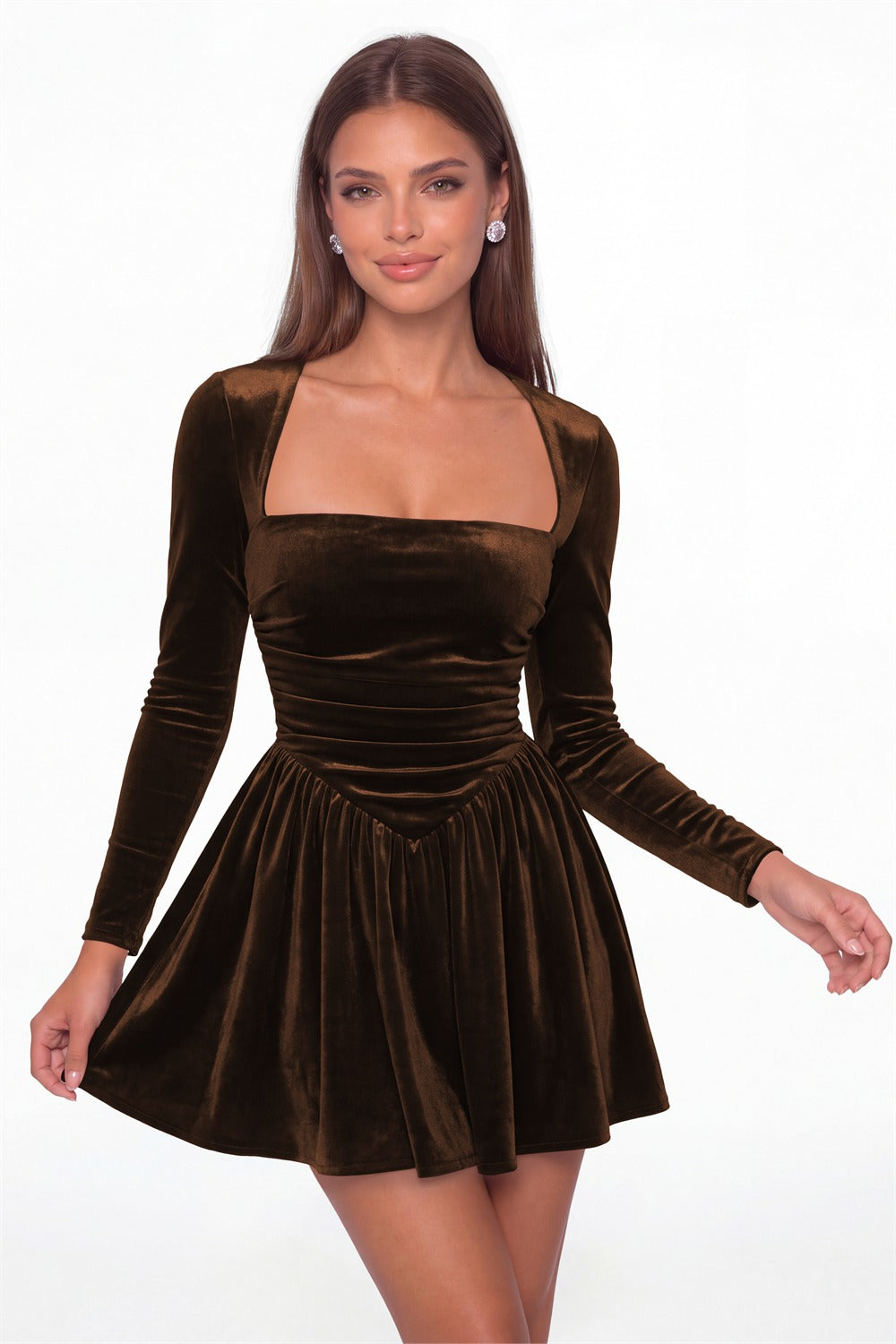 Brown Square Neck Long Sleeve Velvet Mini Dress - Front View