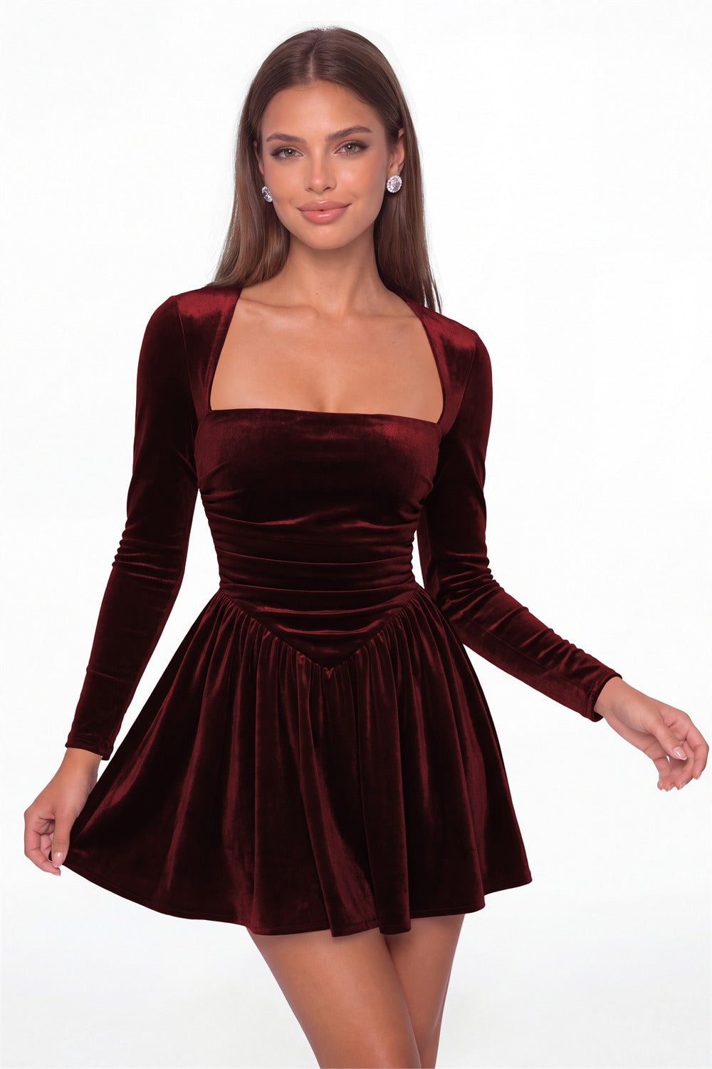 Burgundy Square Neck Long Sleeve Velvet Mini Dress - Front View