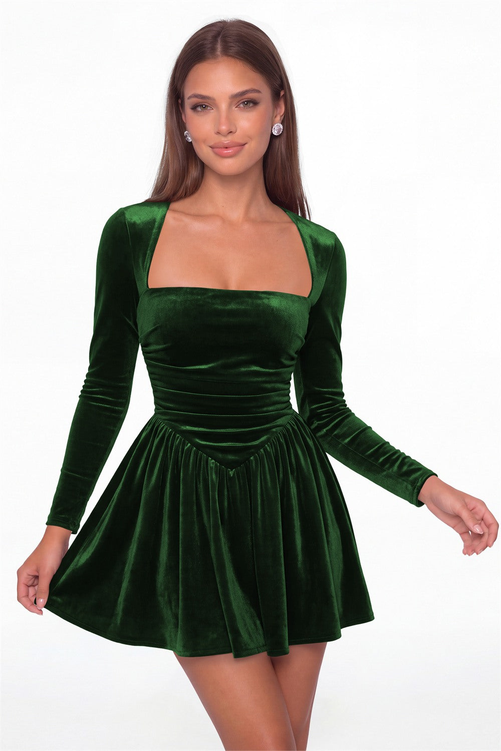 Emerald Green Square Neck Long Sleeve Velvet Mini Dress - Front View