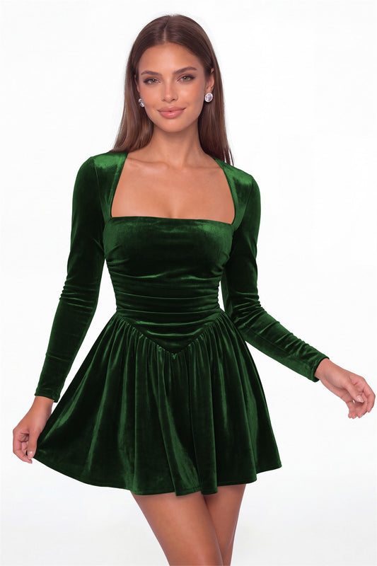 Emerald Green Square Neck Long Sleeve Velvet Mini Dress - Front View