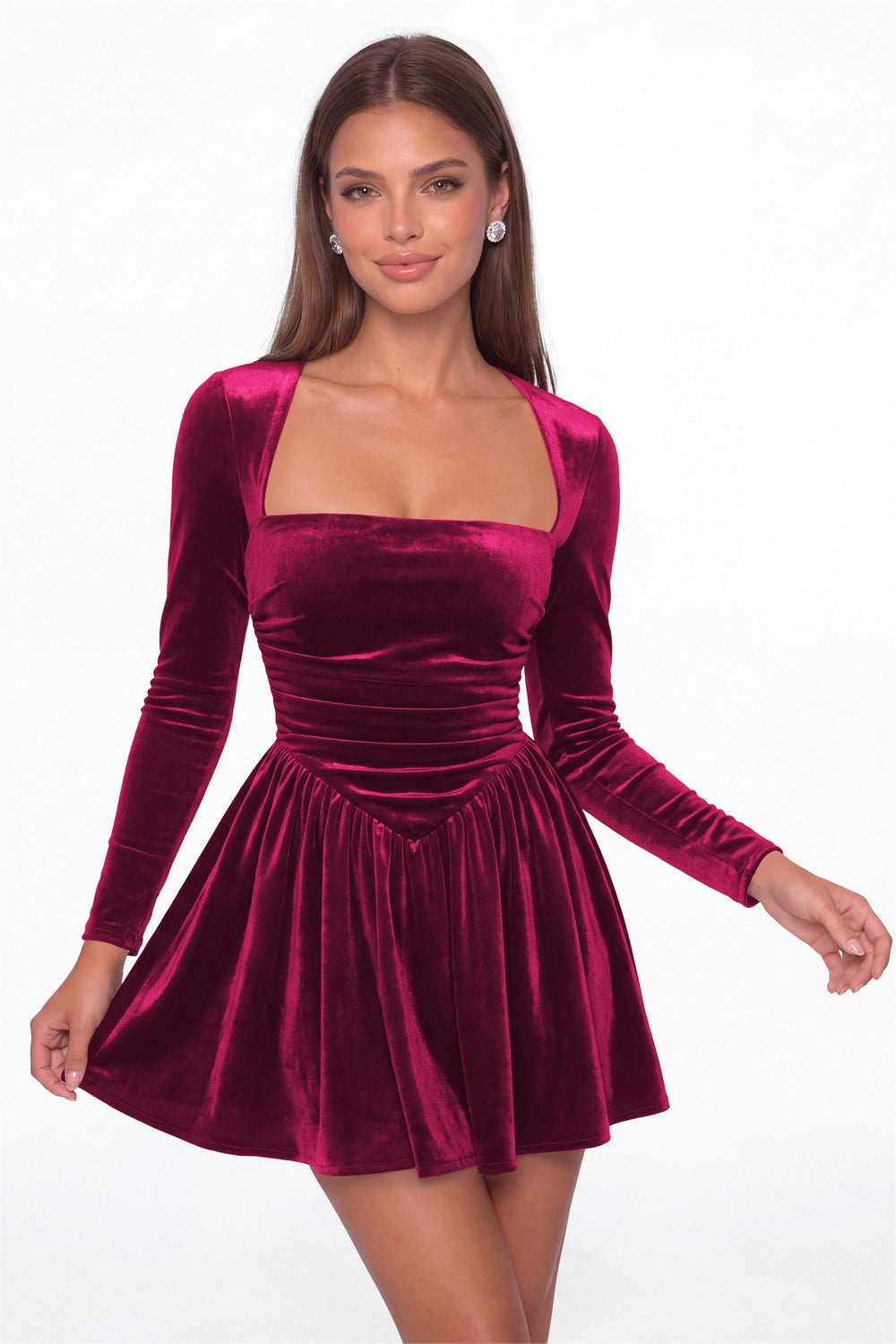 Fuchsia Square Neck Long Sleeve Velvet Mini Dress - Front View