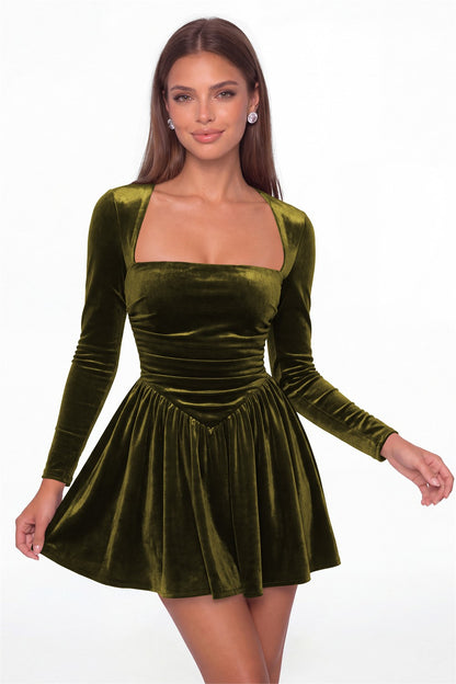 Olive Green Square Neck Long Sleeve Velvet Mini Dress - Front View