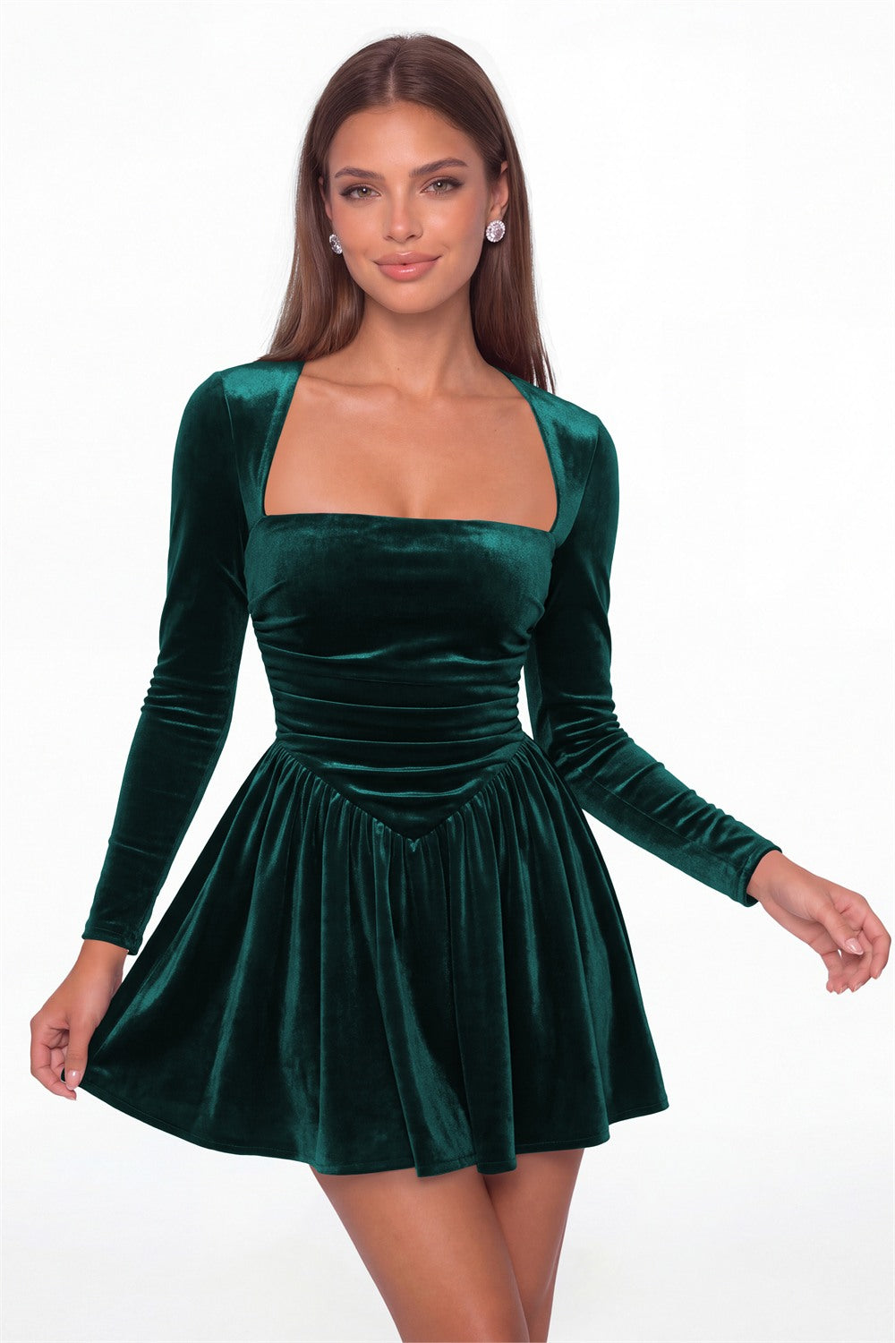 Peacock Square Neck Long Sleeve Velvet Mini Dress - Front View