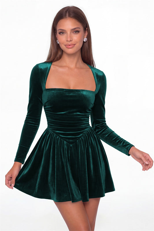 Peacock Square Neck Long Sleeve Velvet Mini Dress - Front View