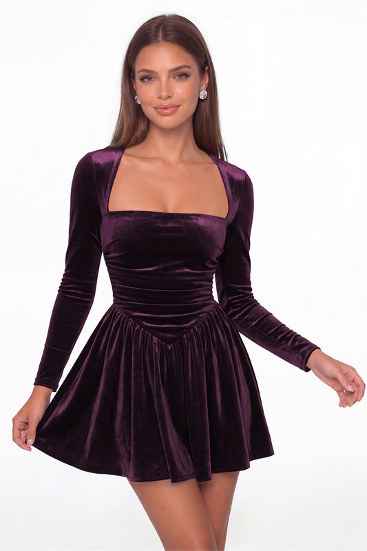 Plum Square Neck Long Sleeve Velvet Mini Dress - Front View