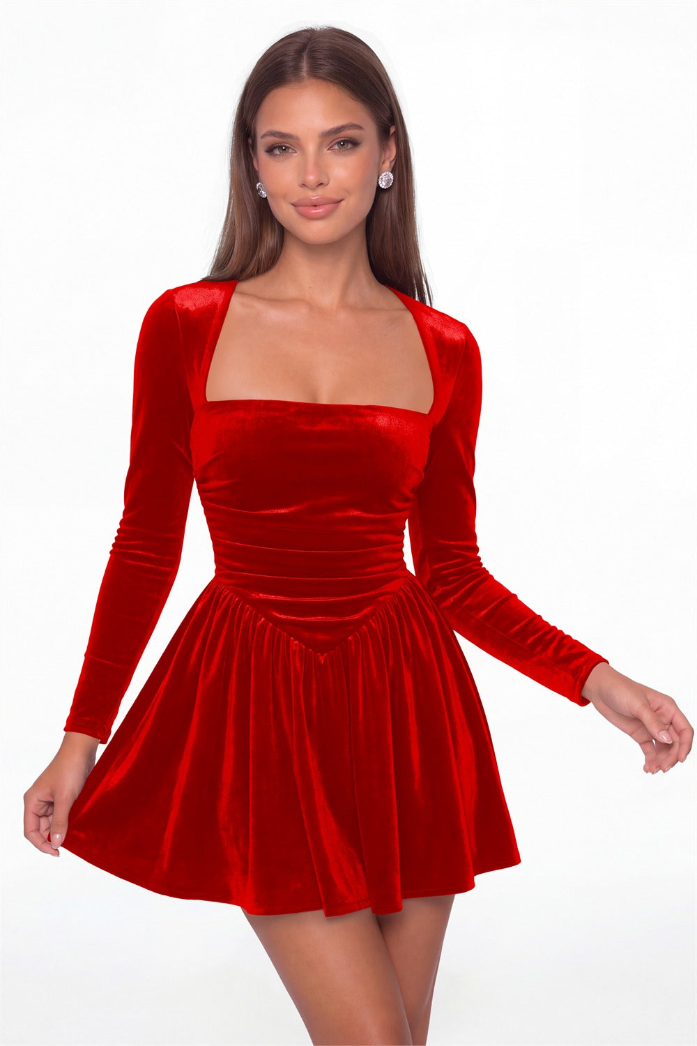 Red Square Neck Long Sleeve Velvet Mini Dress - Front View