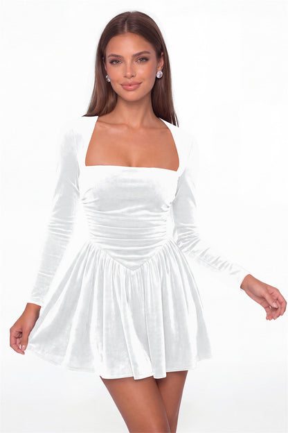 White Square Neck Long Sleeve Velvet Mini Dress - Front View