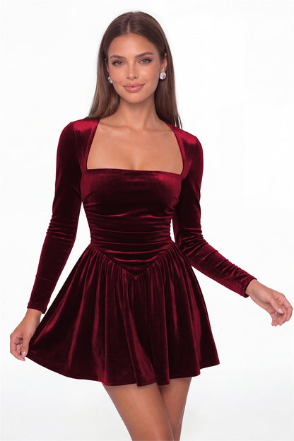 Wine Red Square Neck Long Sleeve Velvet Mini Dress - Front View