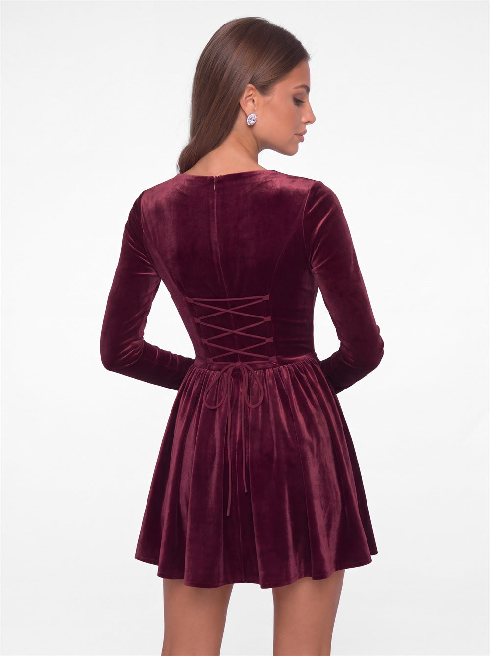 Square Neck Long Sleeve Velvet Mini Dress - Back View