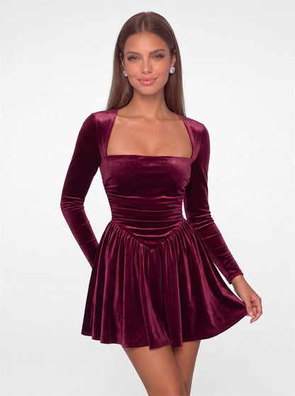 Square Neck Long Sleeve Velvet Mini Dress - Detail View 3