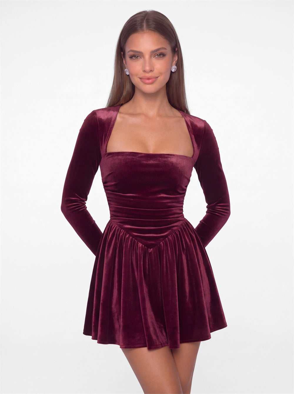Square Neck Long Sleeve Velvet Mini Dress - Detail View 4