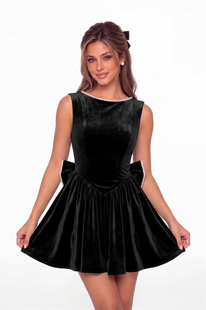 Black Scoop Neck Pearl Velvet Bow Back Mini Dress - Front View