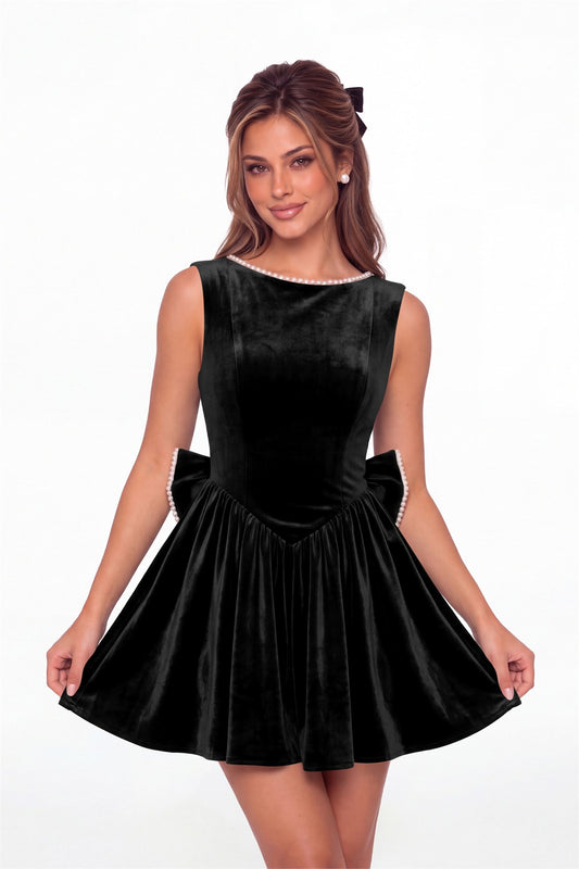 Black Scoop Neck Pearl Velvet Bow Back Mini Dress - Front View