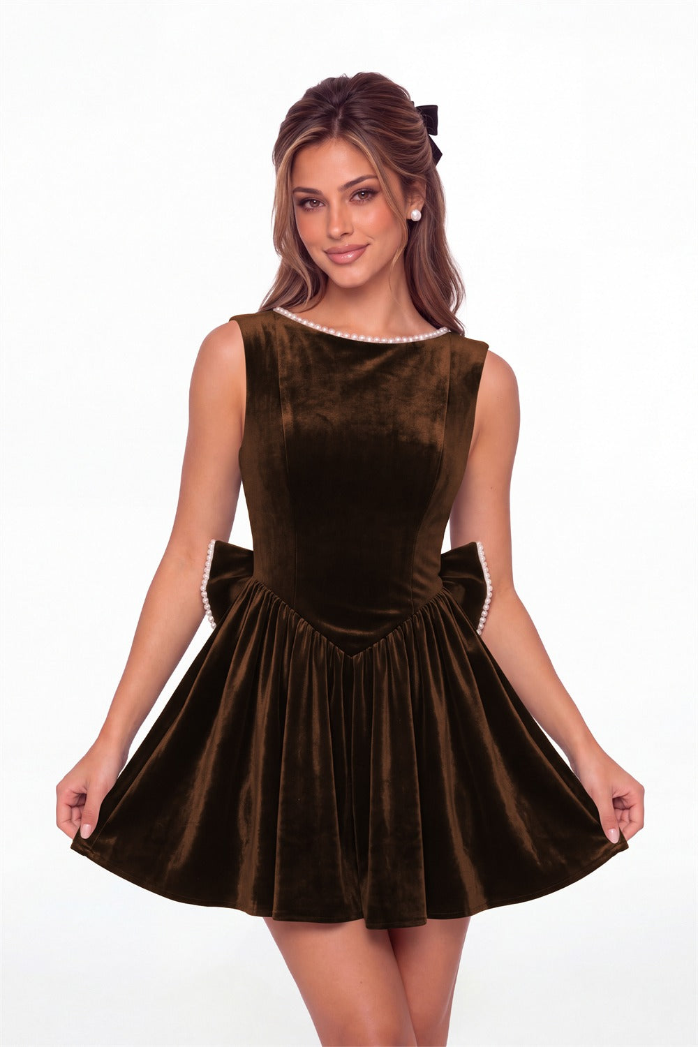 Brown Scoop Neck Pearl Velvet Bow Back Mini Dress - Front View