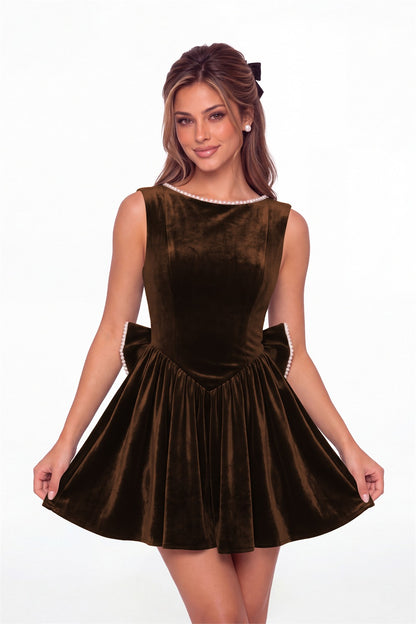 Brown Scoop Neck Pearl Velvet Bow Back Mini Dress - Front View