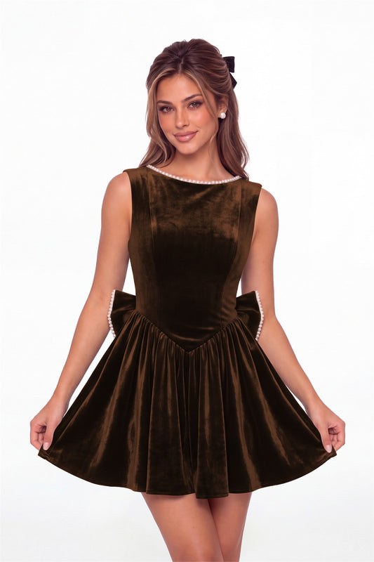 Brown Scoop Neck Pearl Velvet Bow Back Mini Dress - Front View