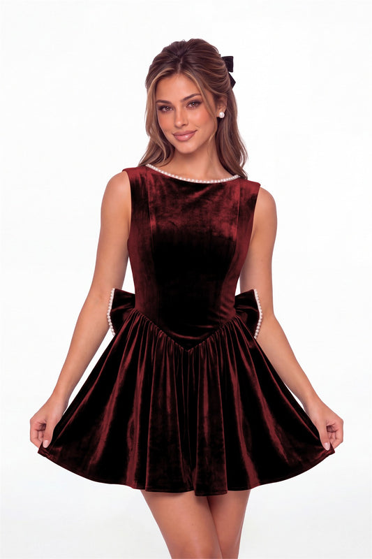 Burgundy Scoop Neck Pearl Velvet Bow Back Mini Dress - Front View