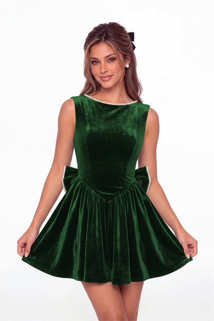 Emerald Green Scoop Neck Pearl Velvet Bow Back Mini Dress - Front View