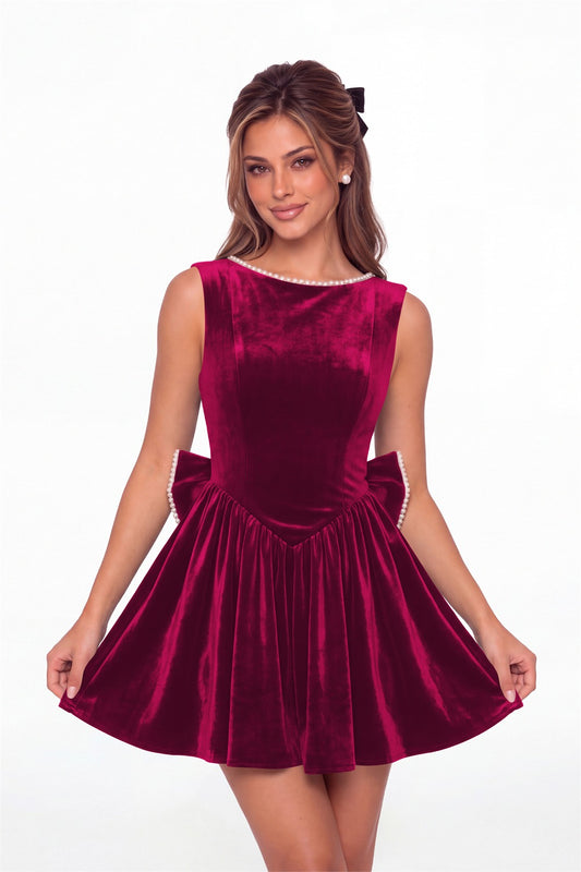 Fuchsia Scoop Neck Pearl Velvet Bow Back Mini Dress - Front View