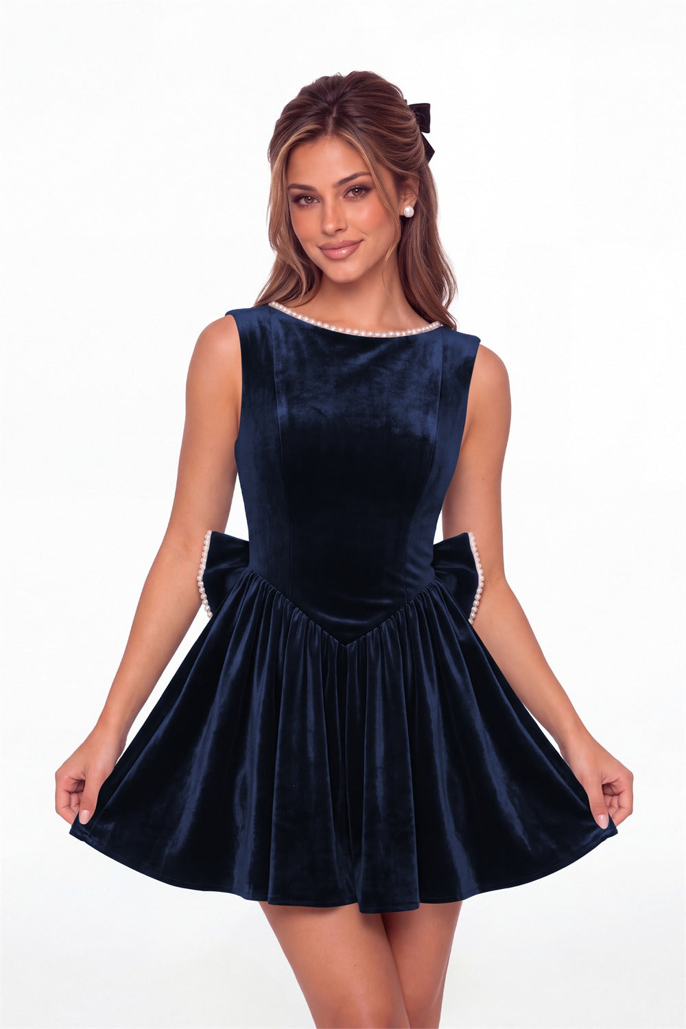 Navy Blue Scoop Neck Pearl Velvet Bow Back Mini Dress - Front View