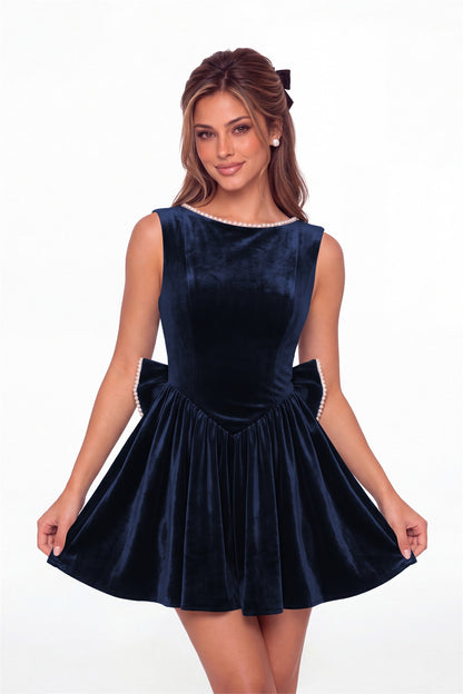 Navy Blue Scoop Neck Pearl Velvet Bow Back Mini Dress - Front View