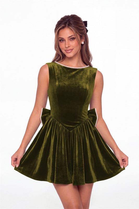 Olive Green Scoop Neck Pearl Velvet Bow Back Mini Dress - Front View