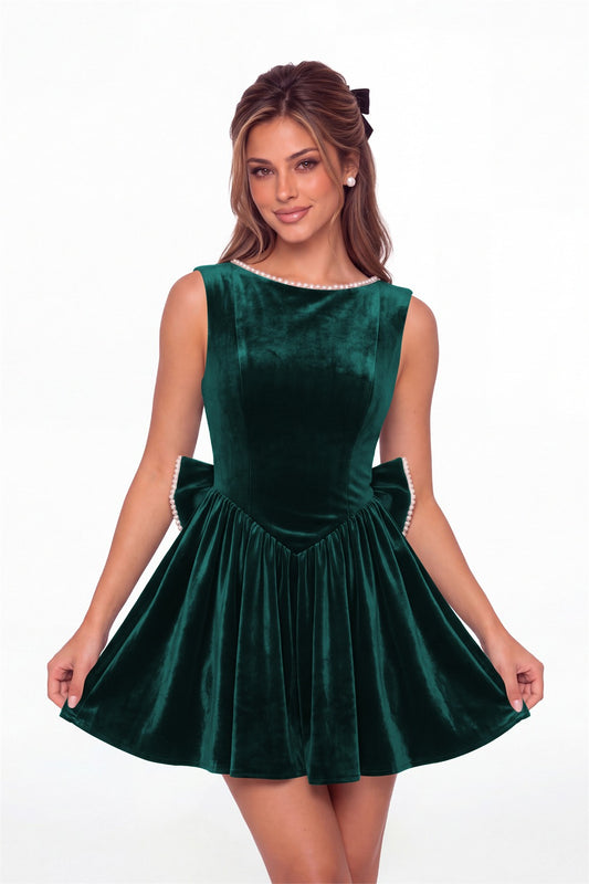 Peacock Scoop Neck Pearl Velvet Bow Back Mini Dress - Front View